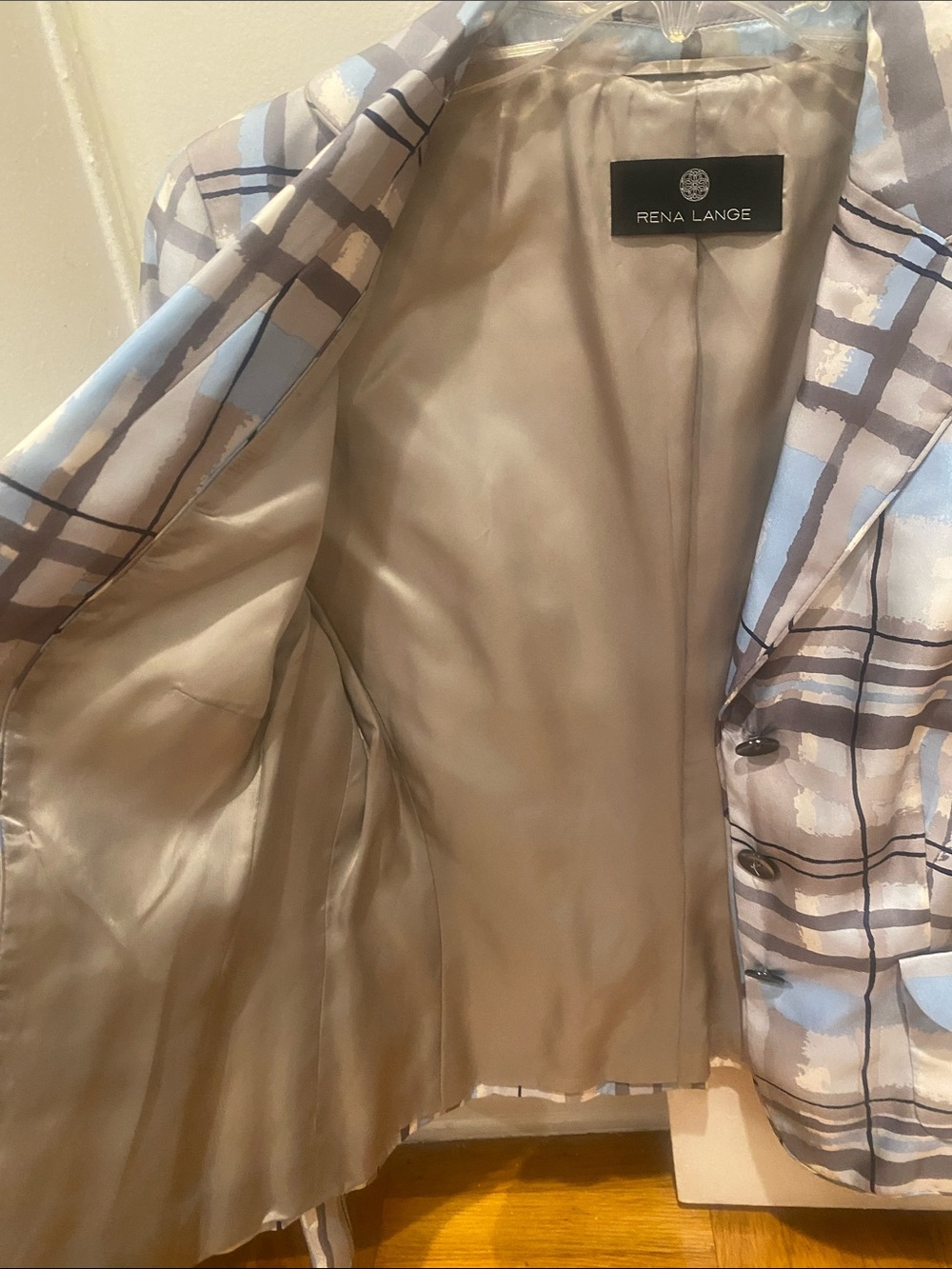 Rena Lange Light Blue and Gray Plaid Satin-Effect Blazer - Picture 4 of 7